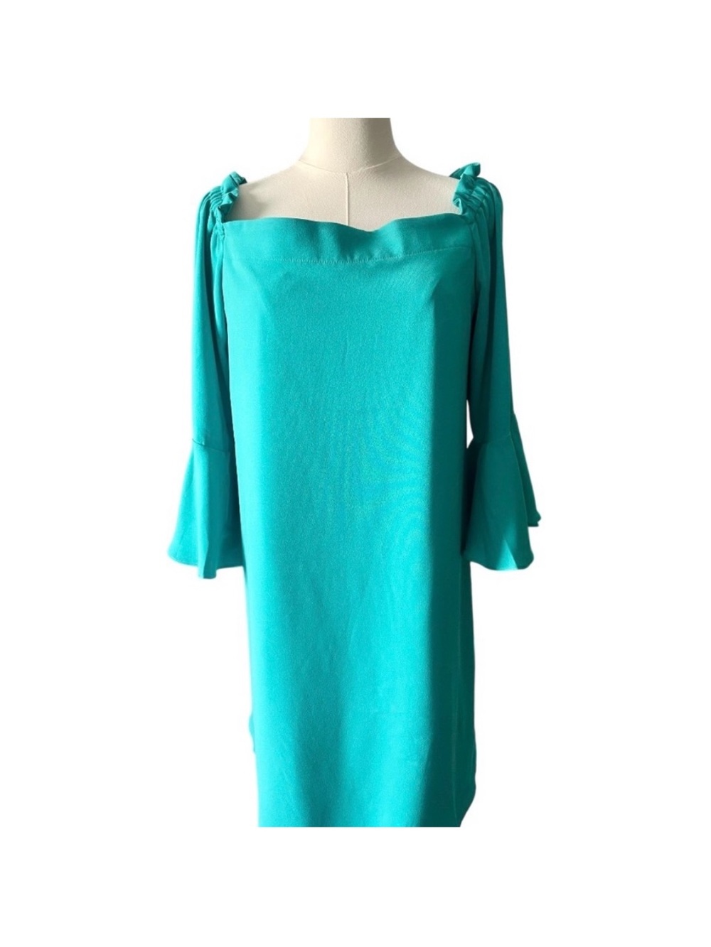 NWT Trina Turk Knox Off-The-Shoulder Bell Sleeve Shift Dress Teal Blue S